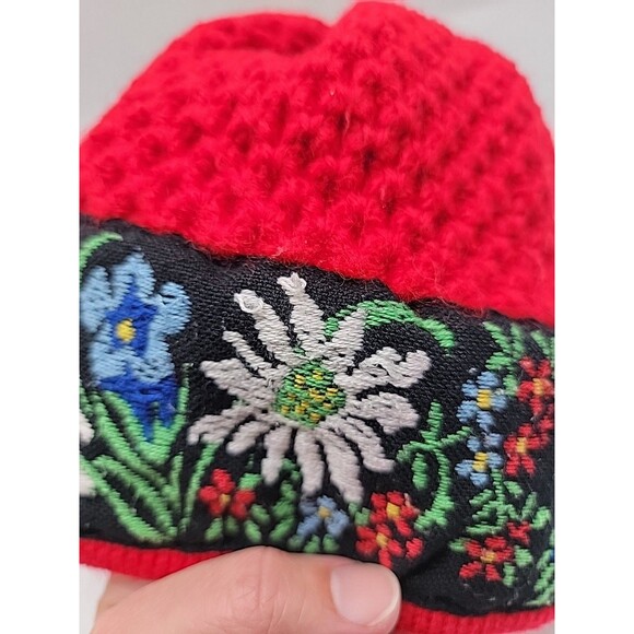 Vintage 80\'s 100% Wool Hat By Poppy Gall Red Knit Embroidered Floral Adjustable main image 4